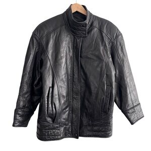 Vintage Danier Black Leather Bomber Moto Zip Up Jacket